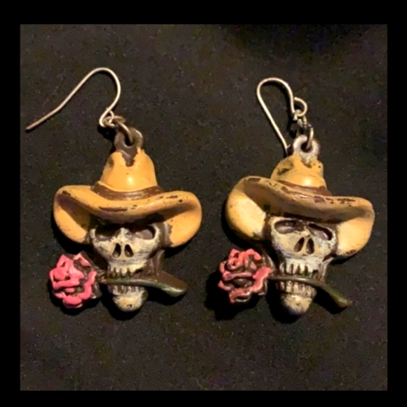 Jewelry - NEW Handmade Rose and Skull Dangly Drop Halloween Earrings